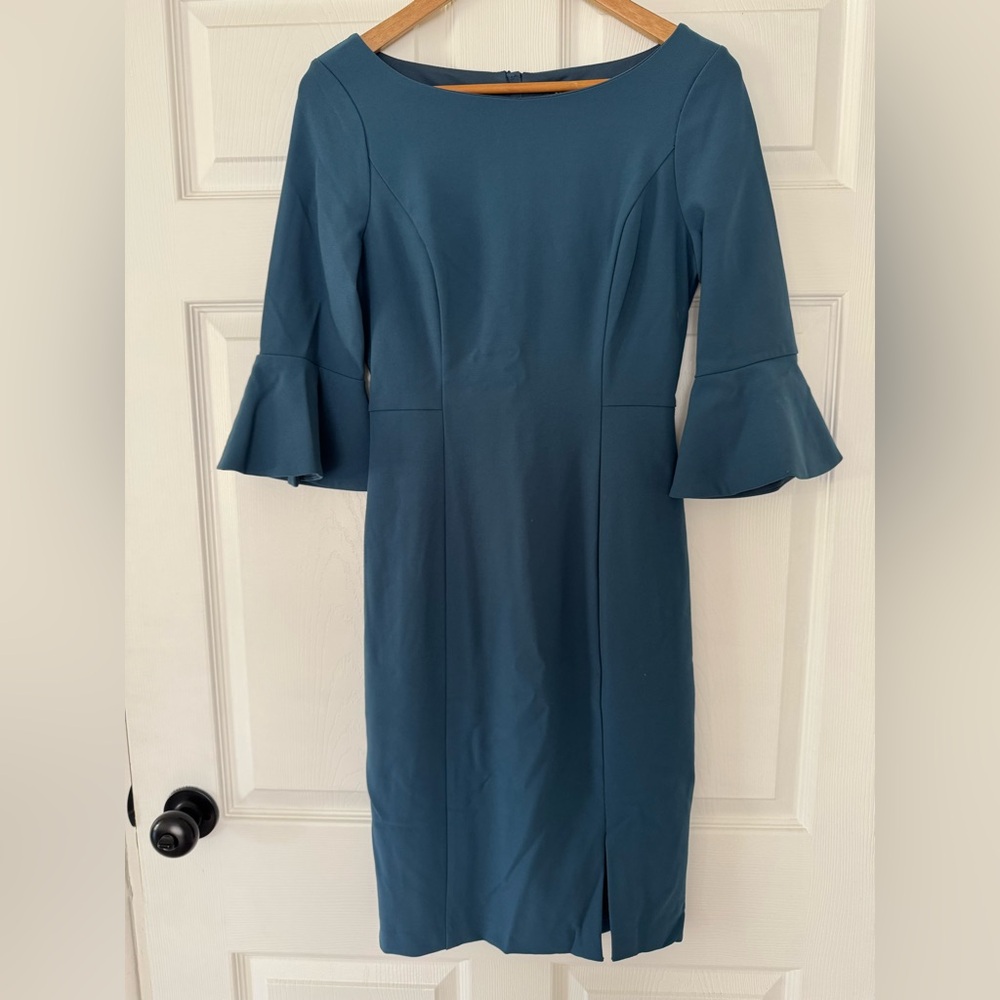 White House Black Market Blue Body Perfecting Bell Sleeve Ruffle Sheath Dress